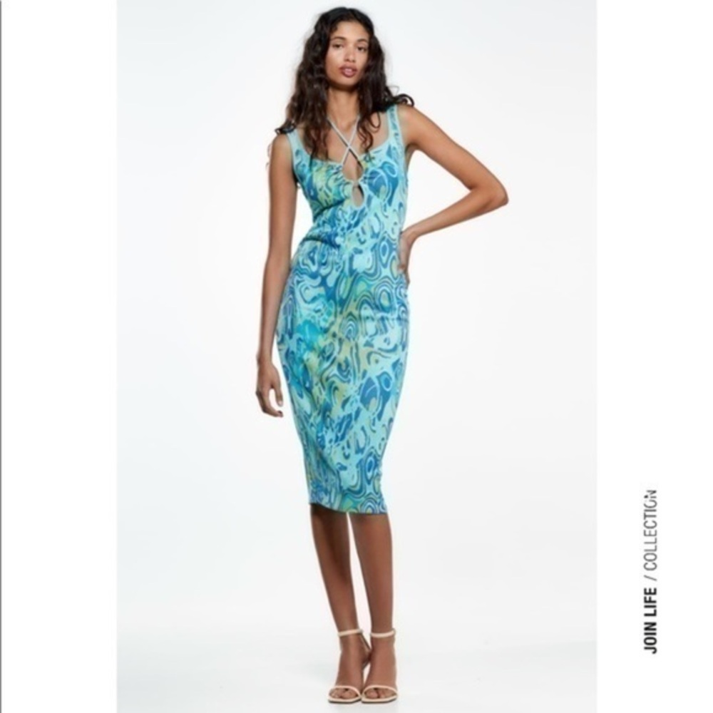 New Zara | Cut Out Jacquard Abstract Blue Pattern MIDI Dress